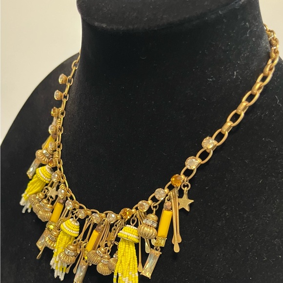 Ann Taylor Necklace Bib Yellow Beads Clear Color Faceted Rhinestones 10 1/2” - Picture 5 of 10